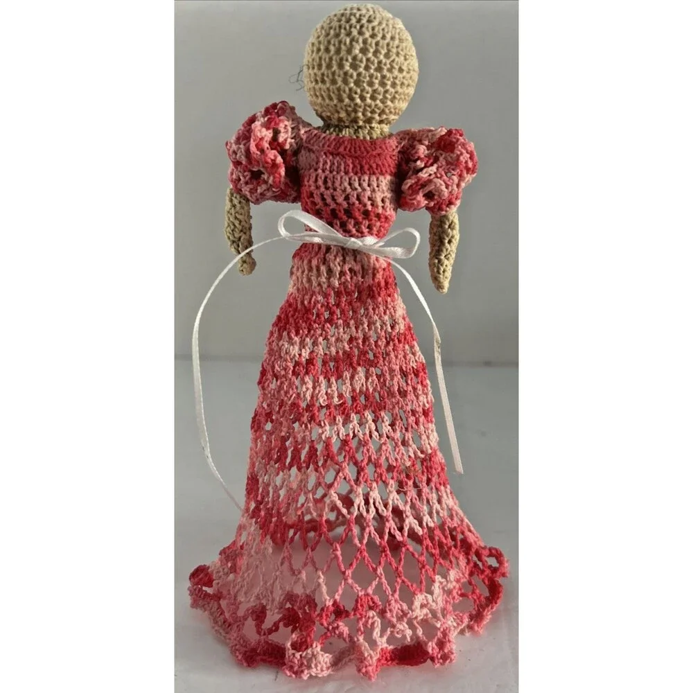 Vintage Starched Crocheted Doll, pink dress 8 1/2